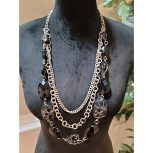 NY Women's Multi‎ Strand Silver Chain Necklace Black Faceted Wire Wrapped Beads